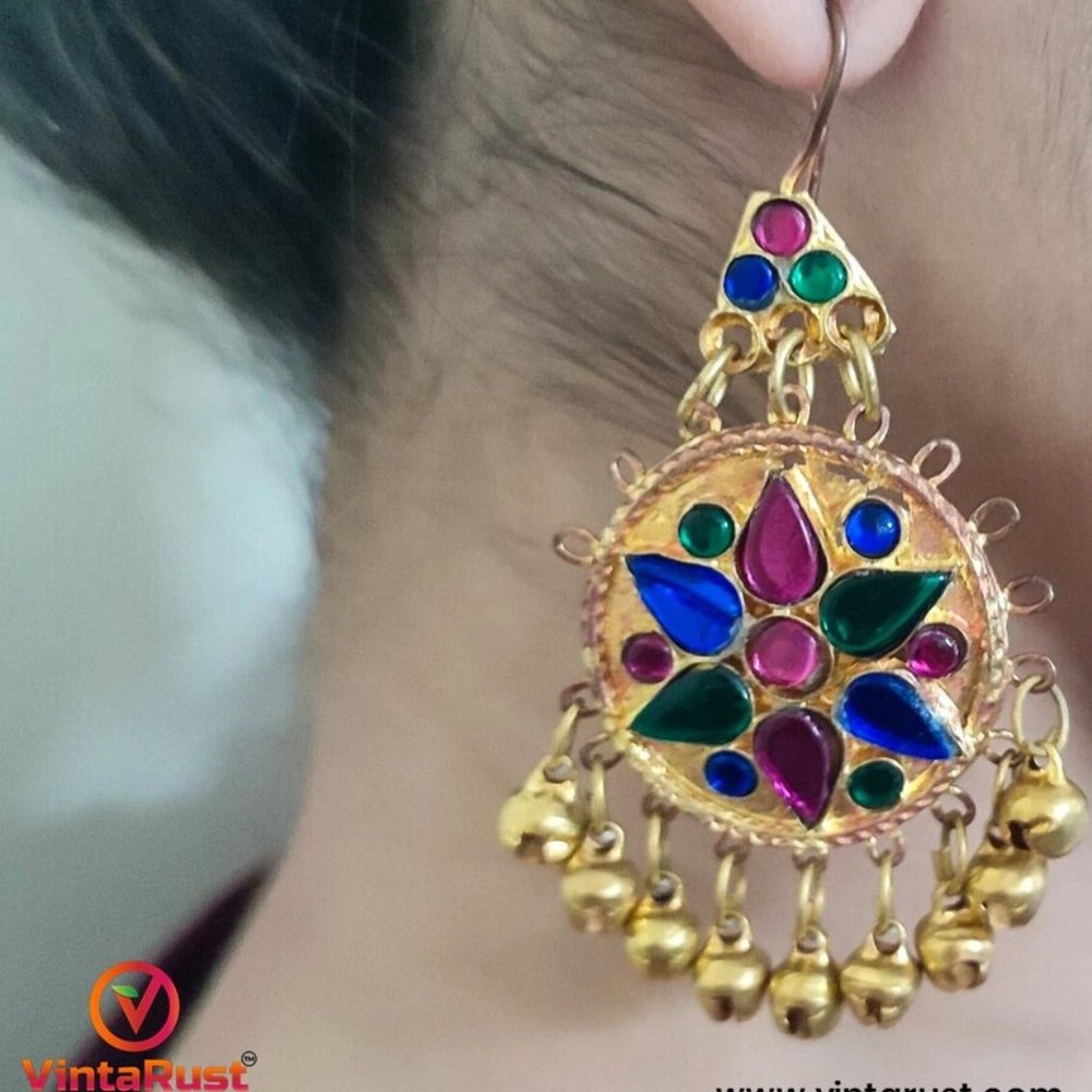 Golden Kuchi Dangle Earrings: Multicolor Glass Stone Tribal Jewelry